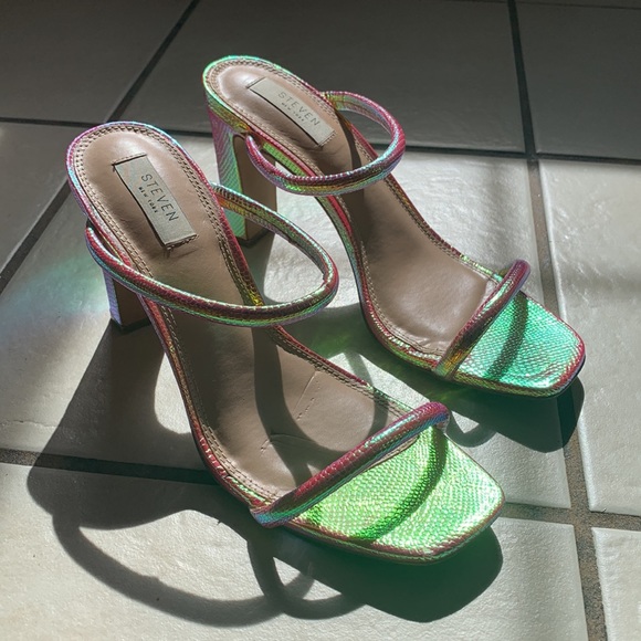 STEVEN NewYork Steve Madden snake skin Sparkly Iridescent Pink green neon heels - Picture 5 of 6